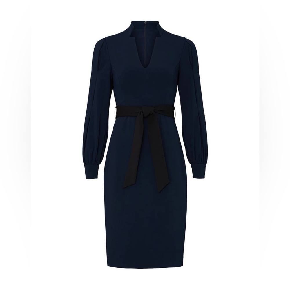 Badgley Mischka Navy Belted V-Neck Sheath